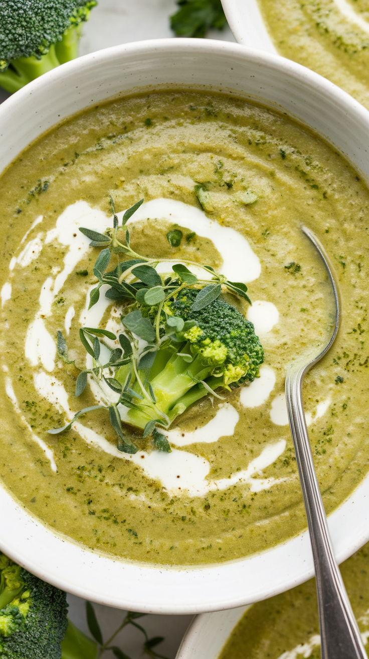 A bowl of creamy broccoli and zucchini soup topped with a swirl of cream and a sprig of thyme.