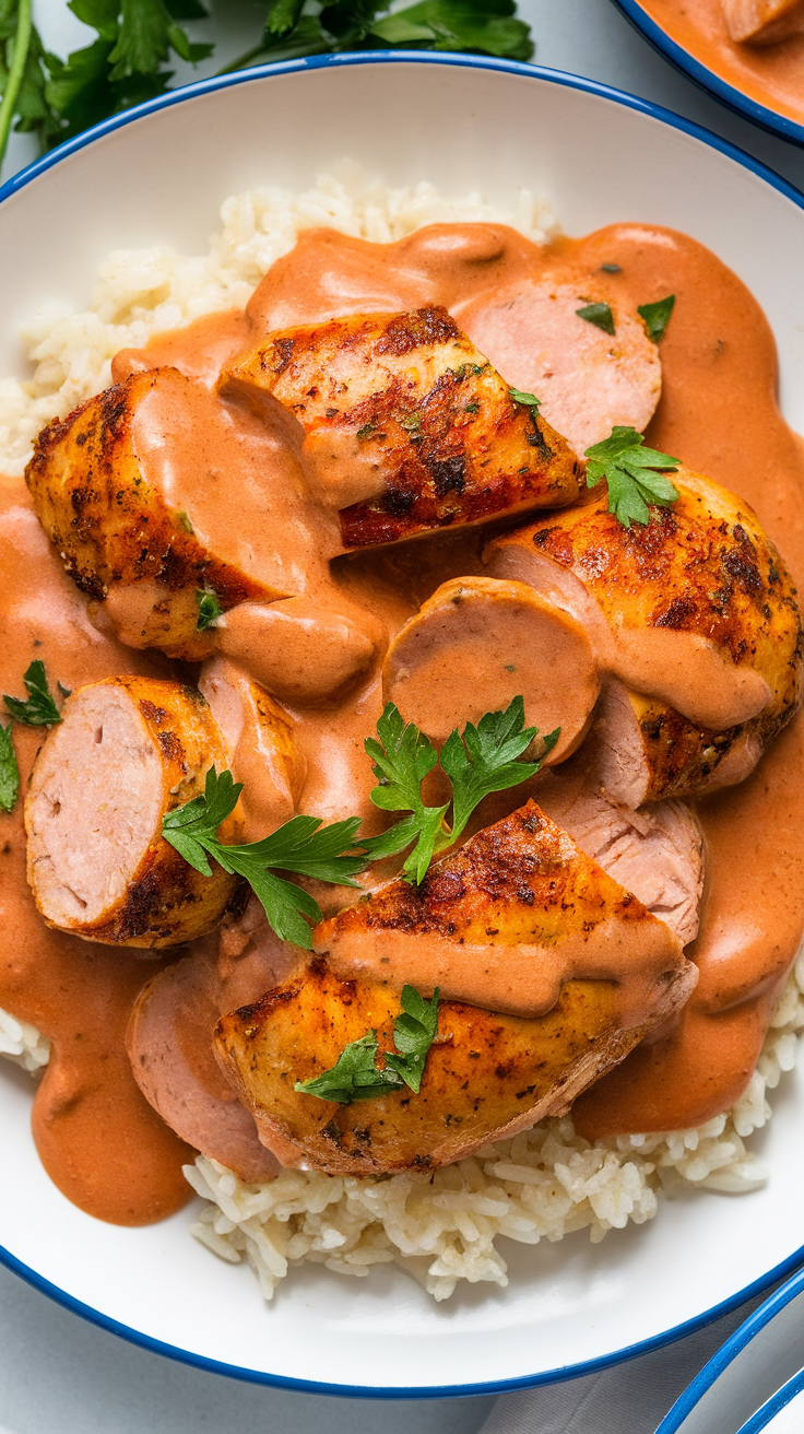 A bowl of creamy Cajun chicken and sausage served over rice, garnished with parsley.