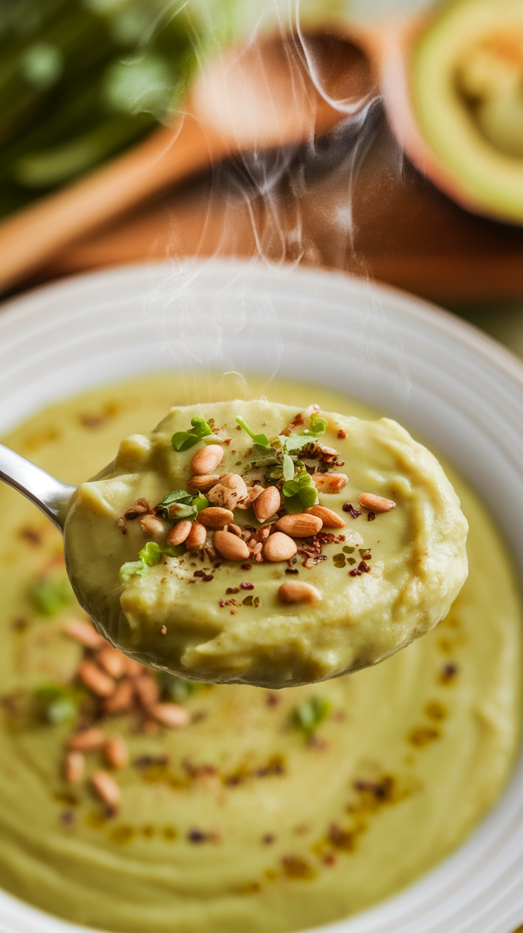 A bowl of creamy cauliflower avocado soup topped with pine nuts and herbs.