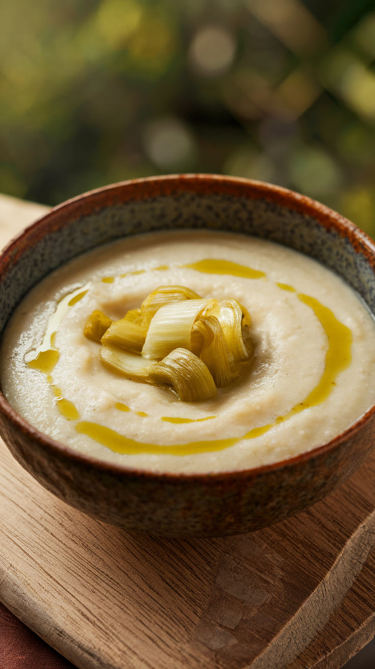 Bowl of creamy cauliflower leek soup drizzled with olive oil and topped with leek slices