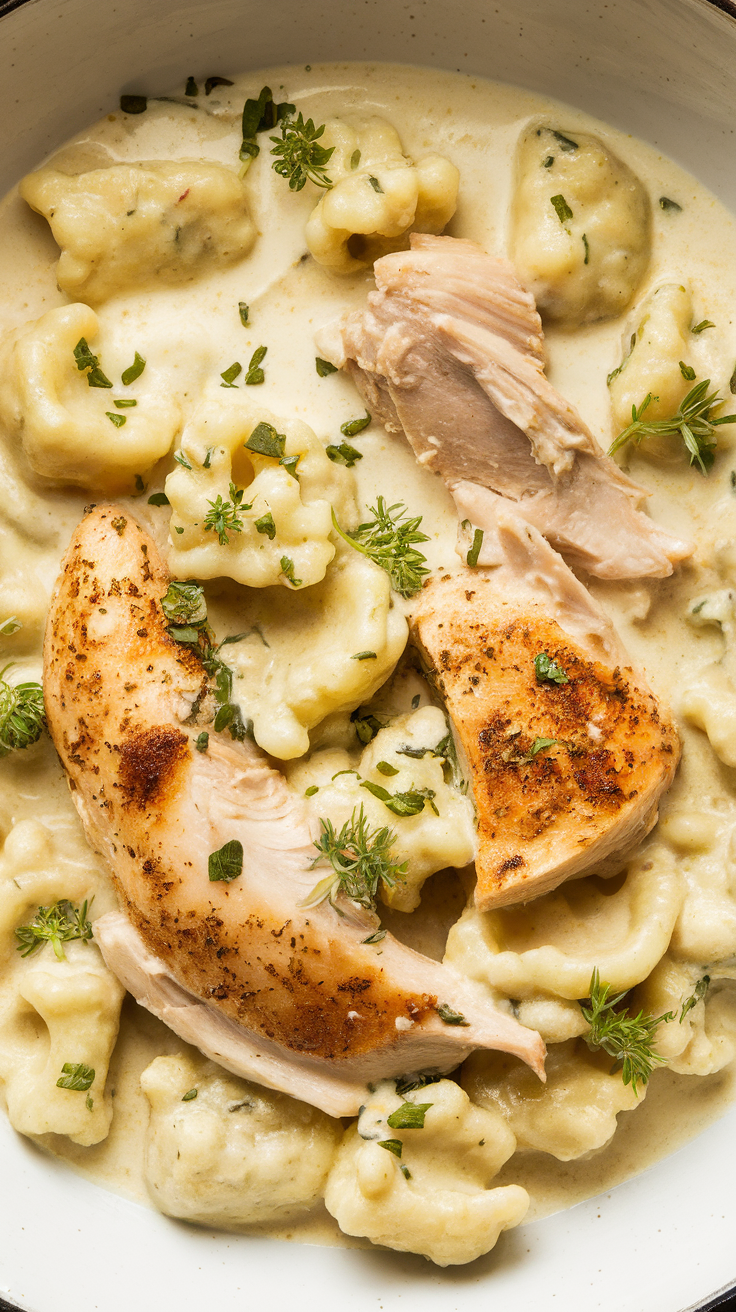 A bowl of creamy chicken alfredo with cauliflower gnocchi, garnished with herbs.