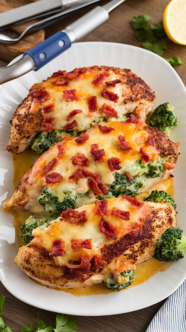 A delicious plate of creamy chicken and broccoli bake topped with cheese and bacon.