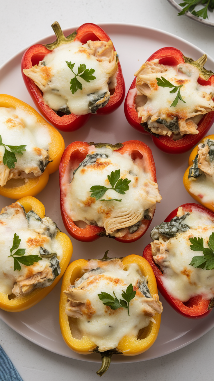 Colorful bell peppers stuffed with creamy chicken and spinach, topped with melted cheese and garnished with parsley.