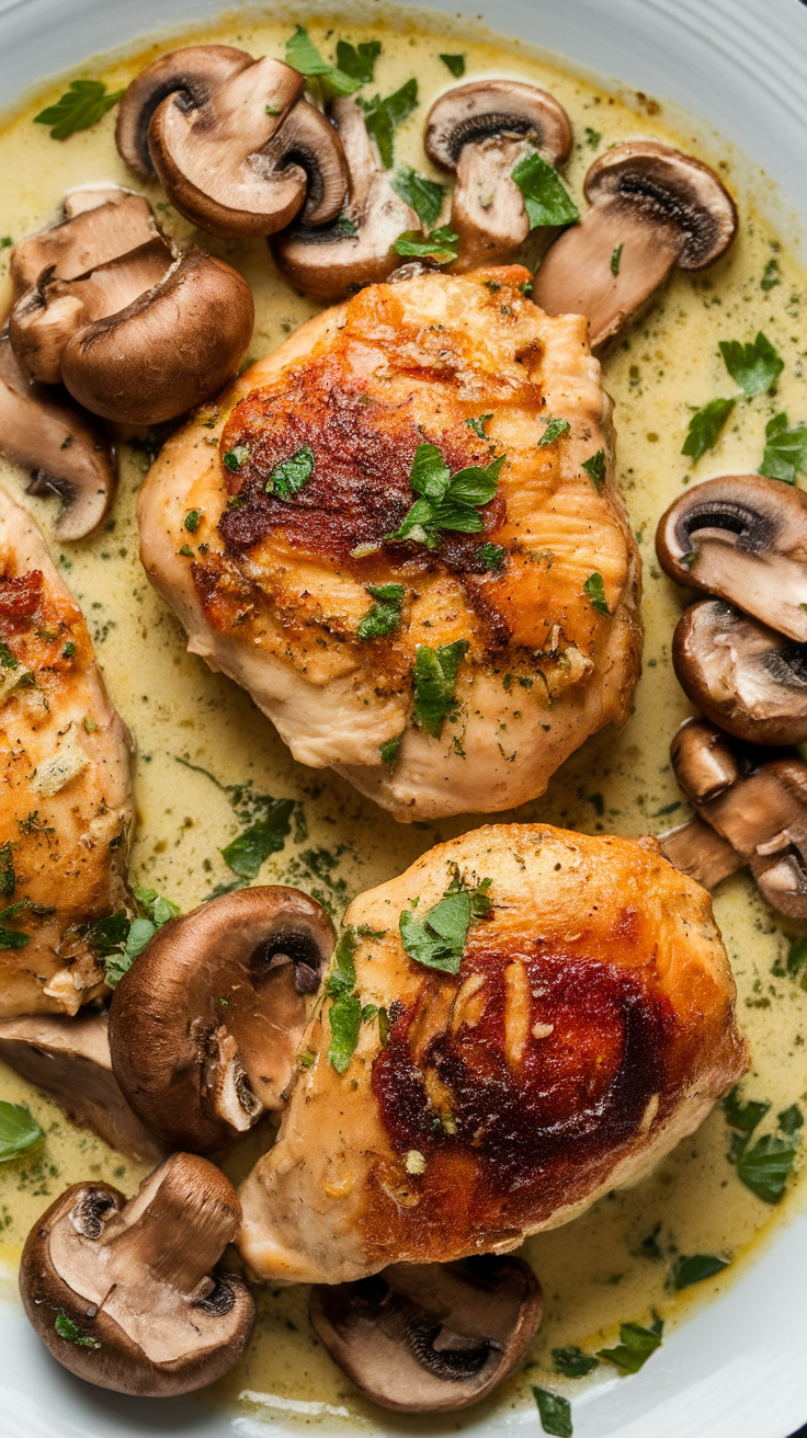 Plate of creamy garlic butter chicken with mushrooms