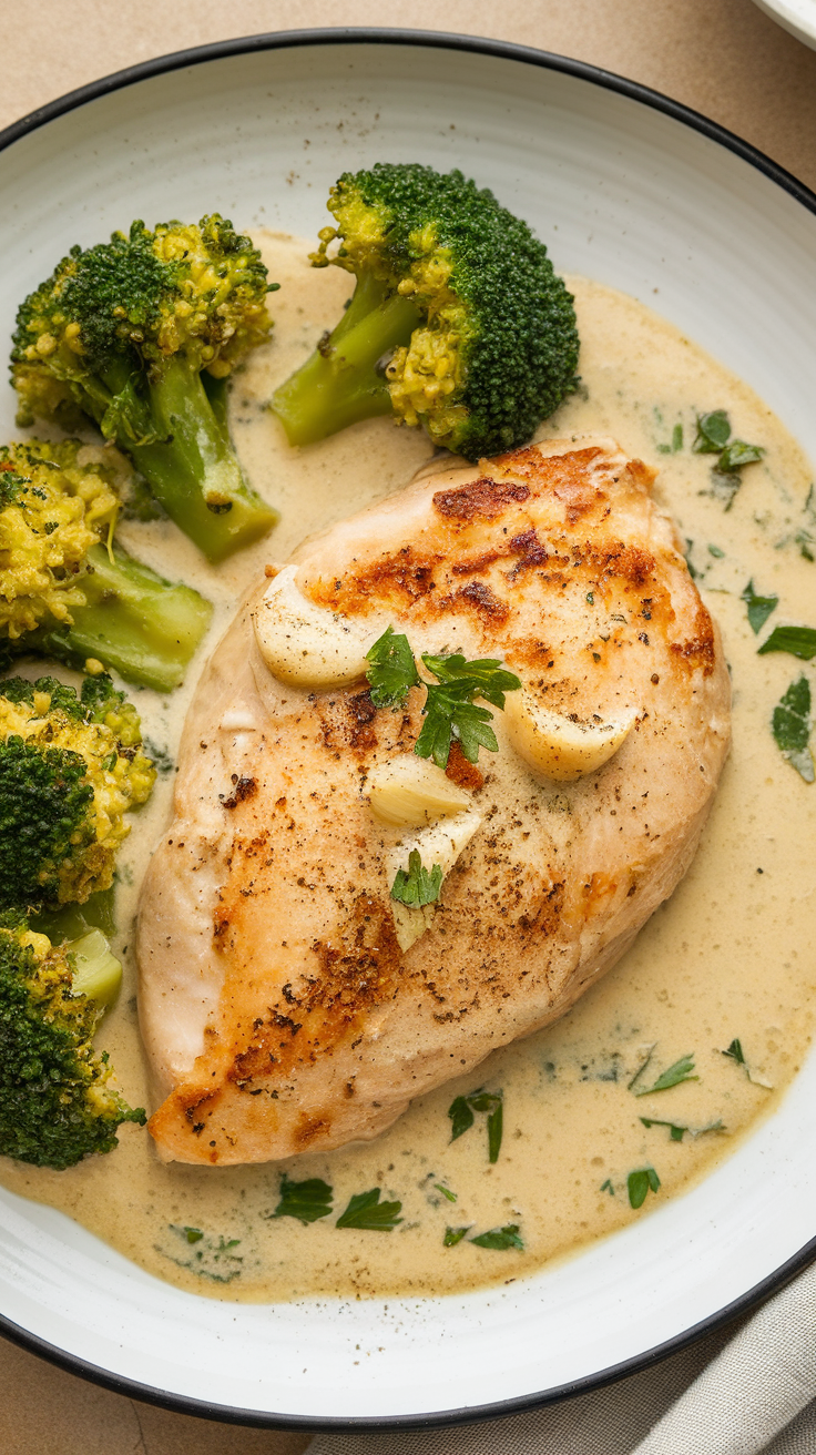 Plate of creamy garlic chicken served with broccoli