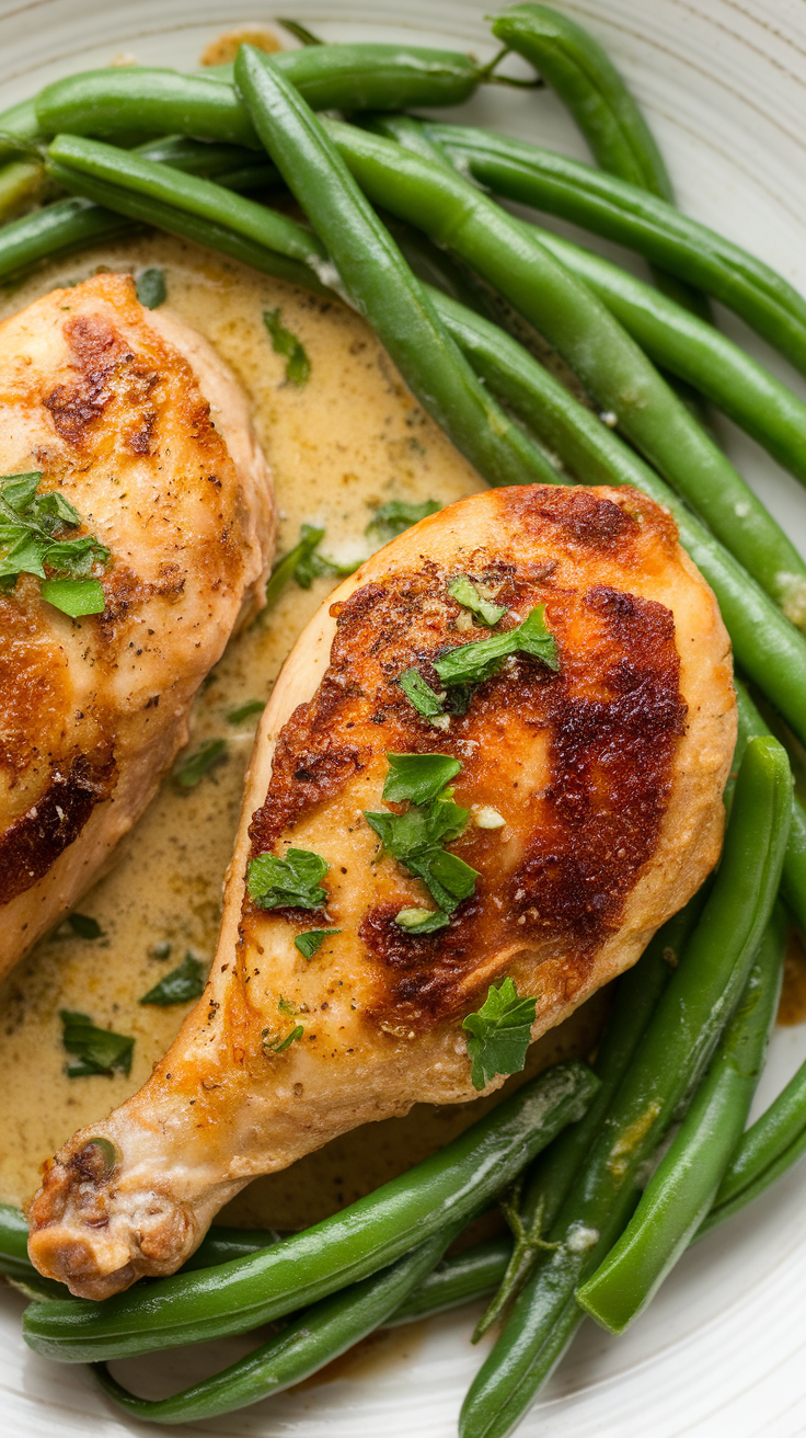 A plate of creamy garlic chicken served with green beans, garnished with fresh herbs.