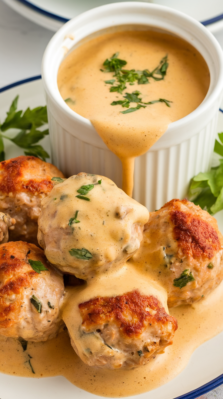 Plate of creamy garlic parmesan chicken meatballs with sauce