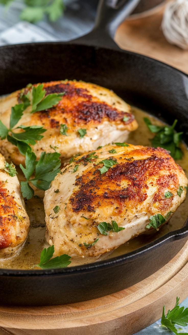 A skillet with creamy garlic parmesan chicken garnished with parsley.