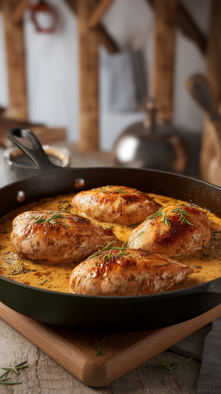 A skillet with creamy garlic parmesan chicken breasts cooking in a rich sauce.