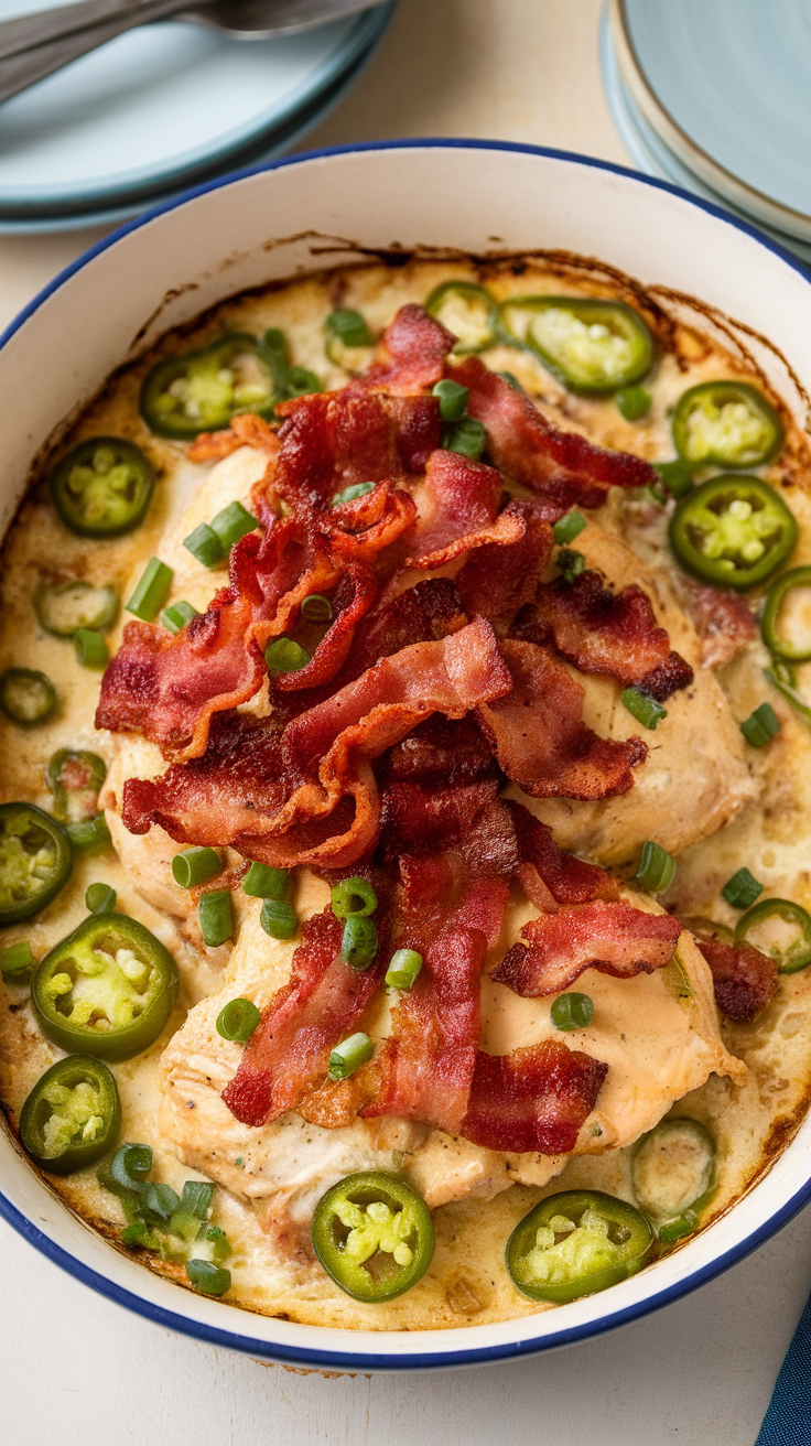 A creamy jalapeño popper chicken bake topped with crispy bacon and sliced jalapeños.