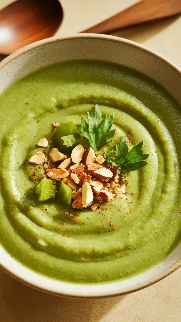 A bowl of creamy broccoli soup topped with almonds and herbs