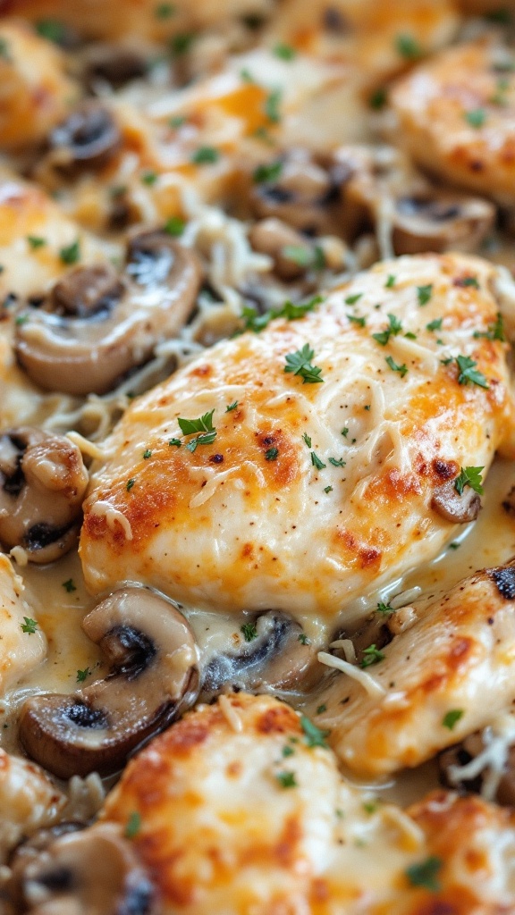 A close-up of creamy mushroom and chicken bake with melted cheese and herbs on top.