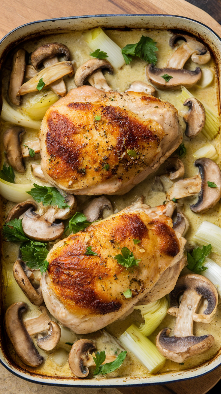 A delicious creamy mushroom and leek chicken bake with two chicken breasts surrounded by leeks and mushrooms.