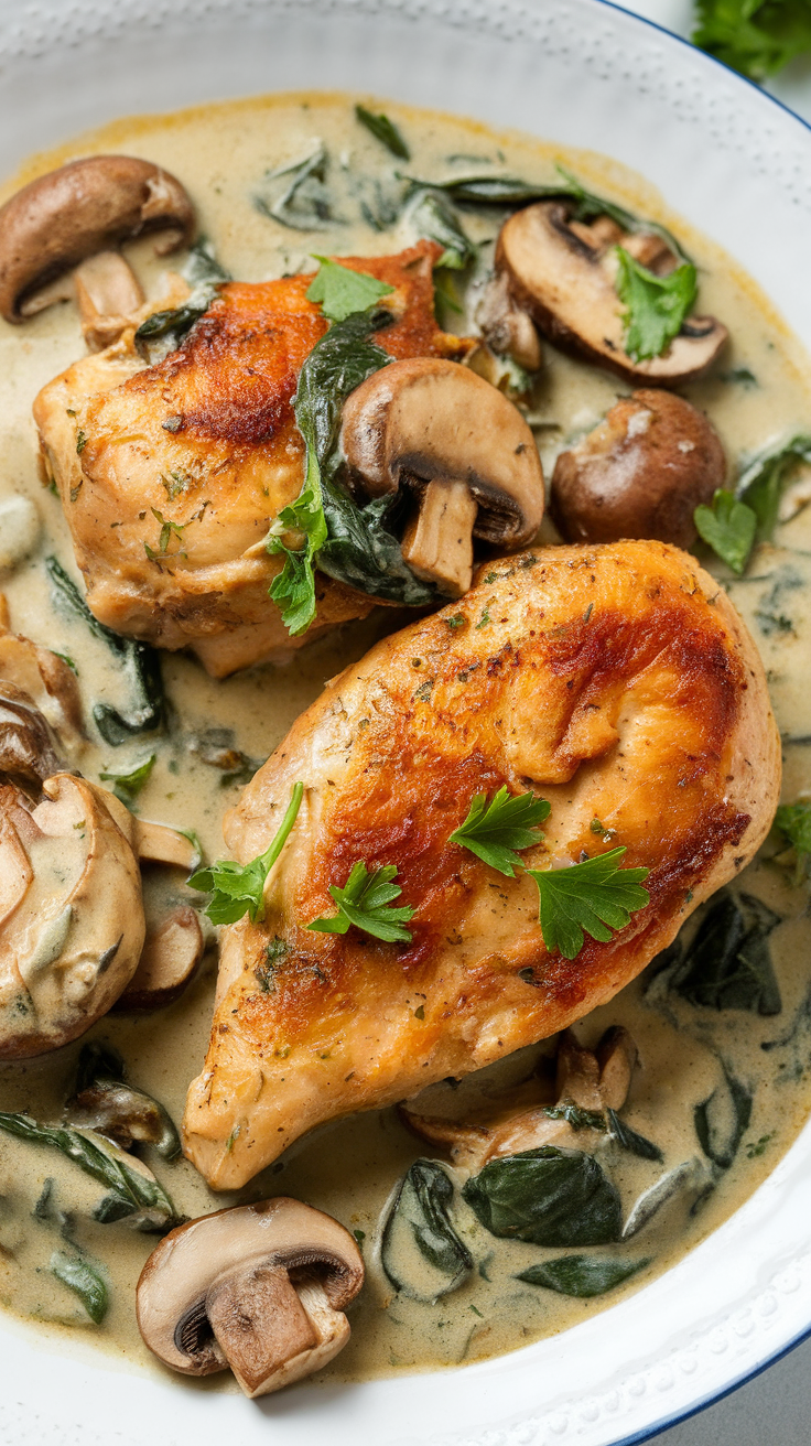 Delicious creamy mushroom and spinach chicken served on a plate.