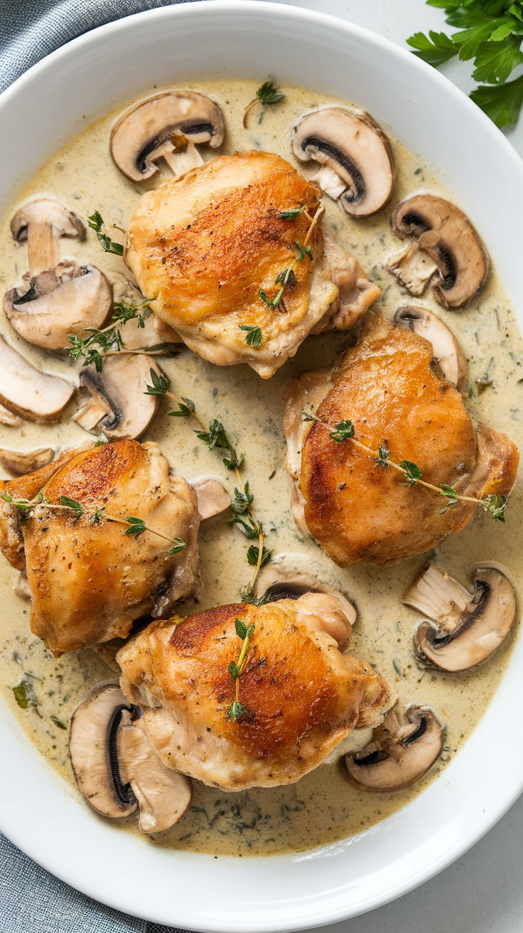 Creamy mushroom and thyme chicken served on a platter with sliced mushrooms and fresh thyme.