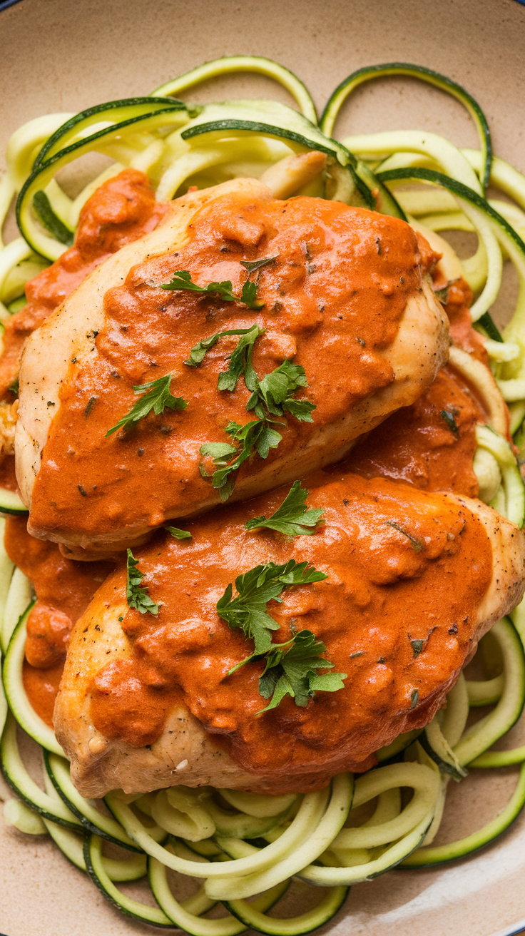 Creamy paprika chicken served on zucchini noodles, garnished with parsley.