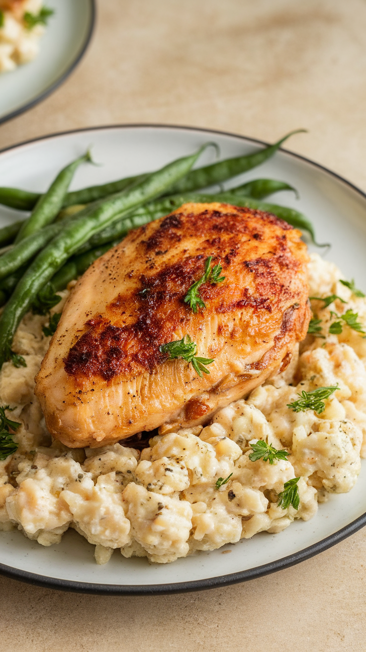 Plate of creamy Parmesan chicken served with cauliflower rice and green beans.