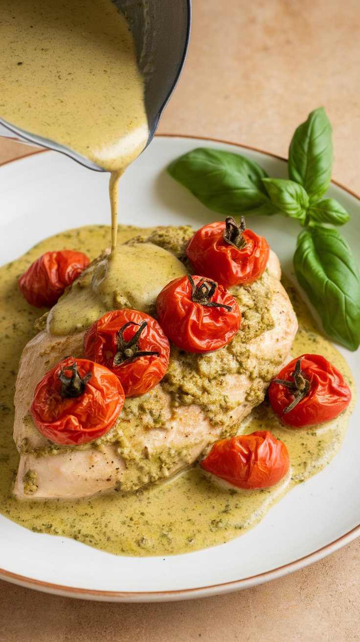 A plate of creamy pesto chicken topped with roasted cherry tomatoes and drizzled with pesto sauce.