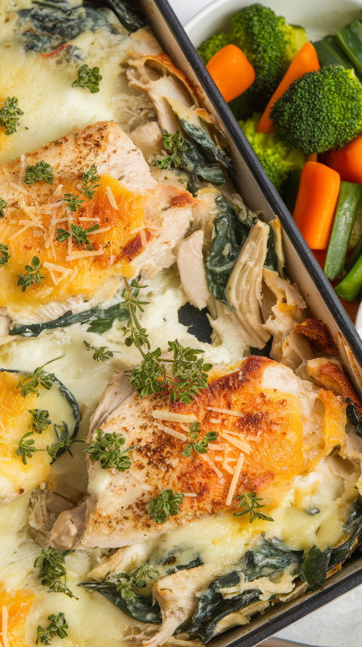 A delicious creamy spinach and artichoke chicken bake topped with cheese and herbs.