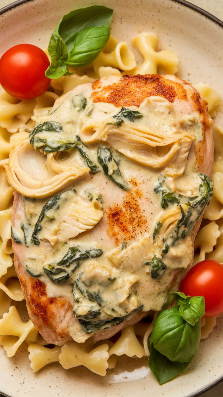 Plate of creamy spinach and artichoke chicken served with pasta and garnished with basil and cherry tomatoes.