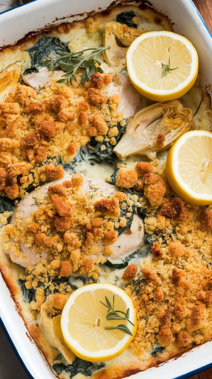 Creamy Spinach and Artichoke Chicken Bake with lemon slices on top