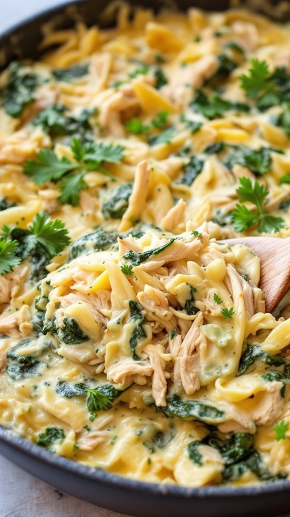 A creamy spinach artichoke chicken casserole with pasta and garnished with parsley.