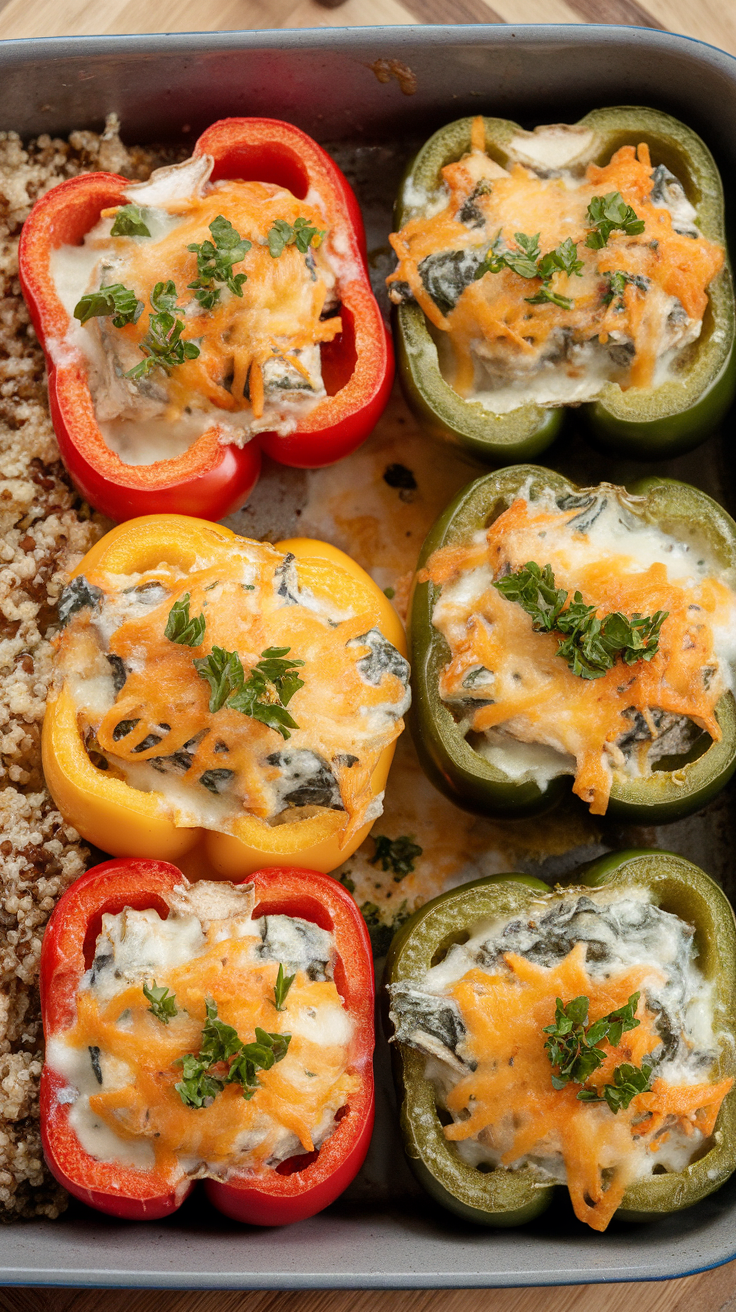 Stuffed bell peppers with creamy spinach and melted cheese, arranged in a baking dish.