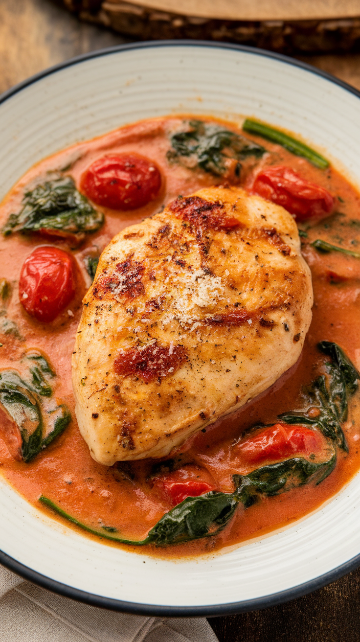 Creamy sun-dried tomato and spinach chicken served in a bowl