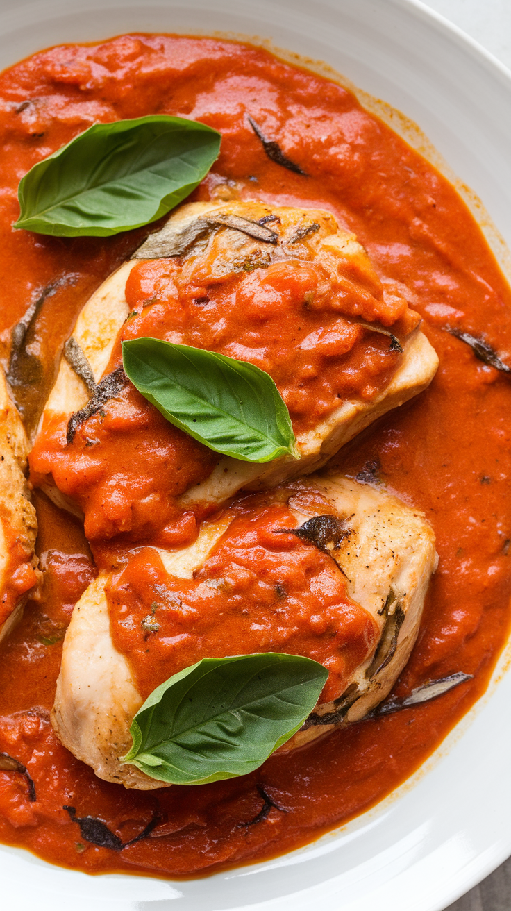 A plate of creamy tomato basil chicken garnished with fresh basil