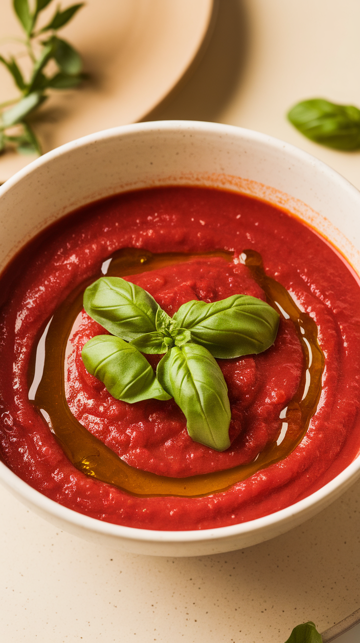 A bowl of creamy tomato basil soup garnished with fresh basil leaves and olive oil