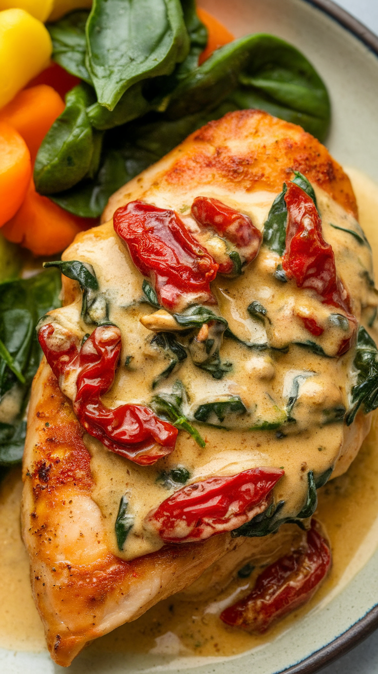 Creamy Tuscan Garlic Chicken with spinach and sun-dried tomatoes