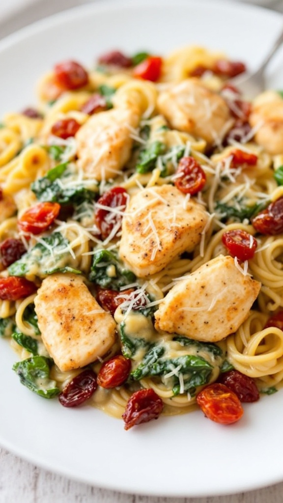 A plate of creamy Tuscan garlic chicken casserole with pasta, spinach, sun-dried tomatoes, and cheese.