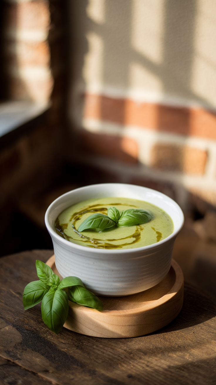 A bowl of creamy zucchini basil soup garnished with fresh basil leaves.