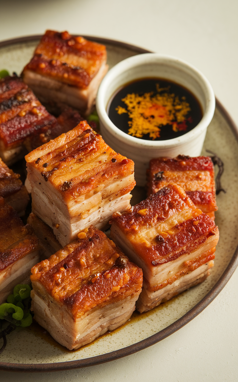 A plate of crispy pork belly bites served with a dipping sauce.