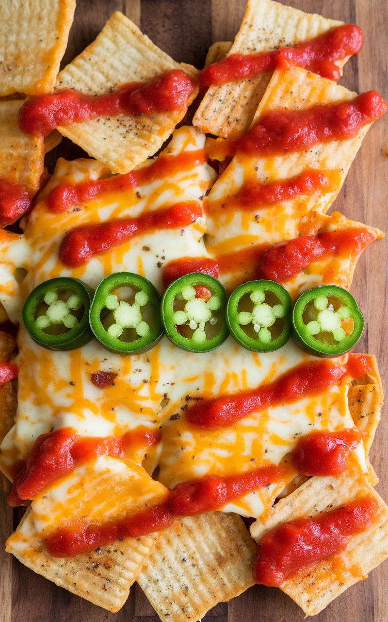 Crispy pork rind nachos topped with cheese, salsa, and jalapeños