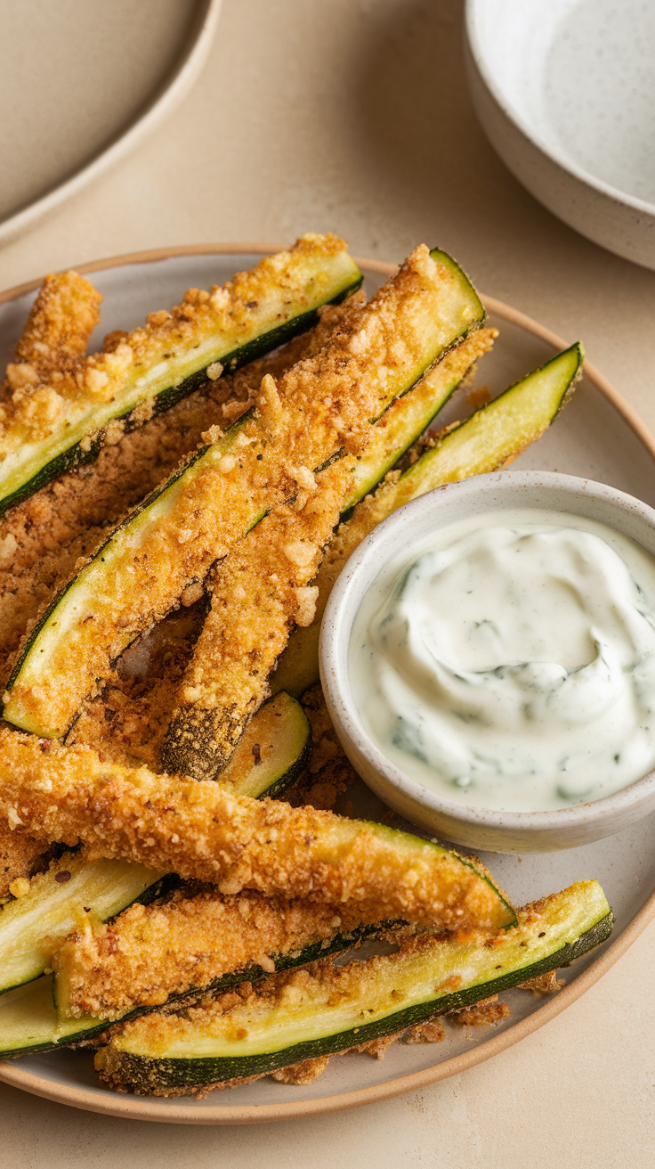 A plate of crispy zucchini fries served with a ranch dip