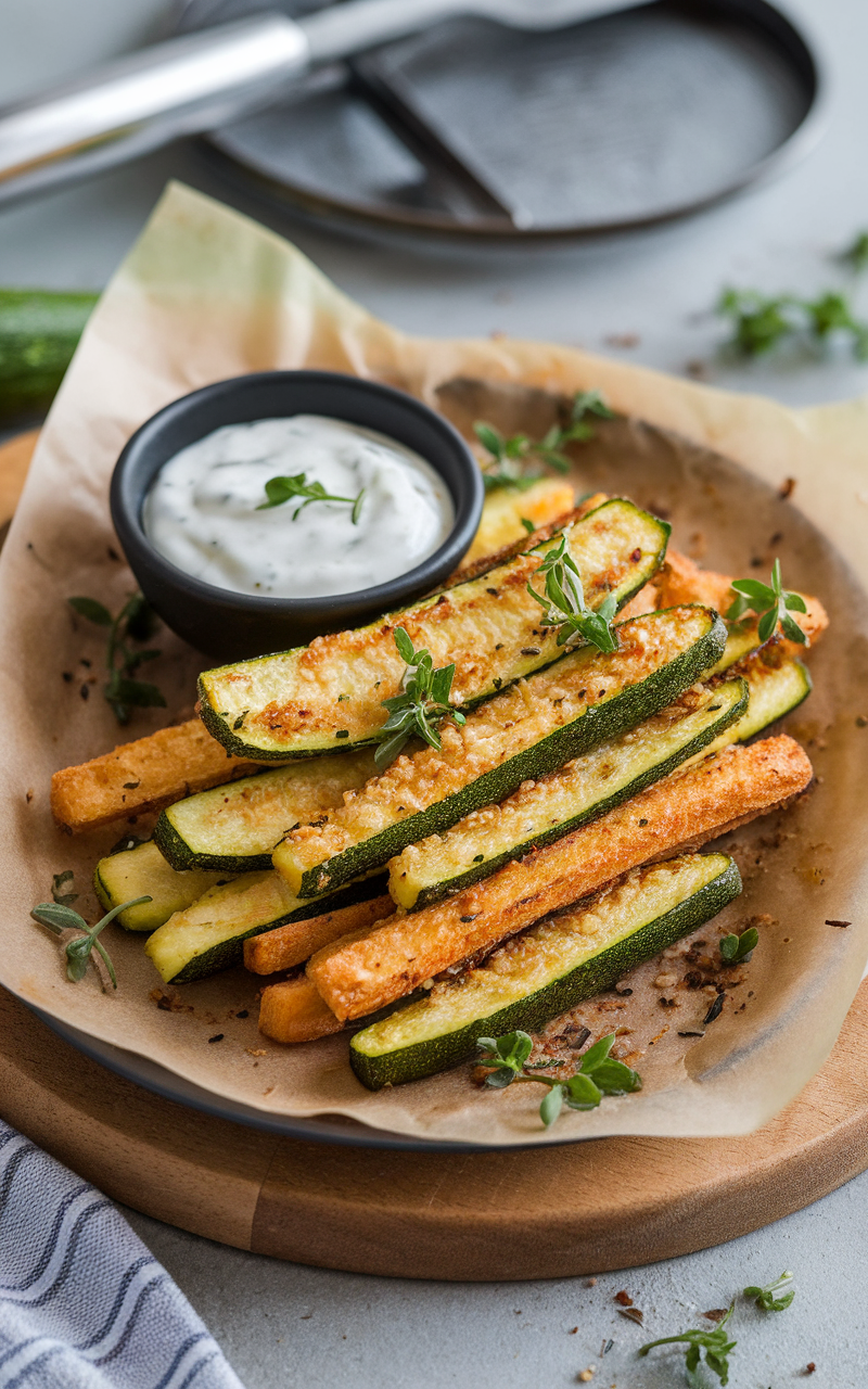 A plate of crispy zucchini fries served with ranch dip on the side.