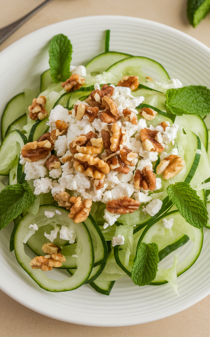 A refreshing cucumber and mint salad topped with walnuts