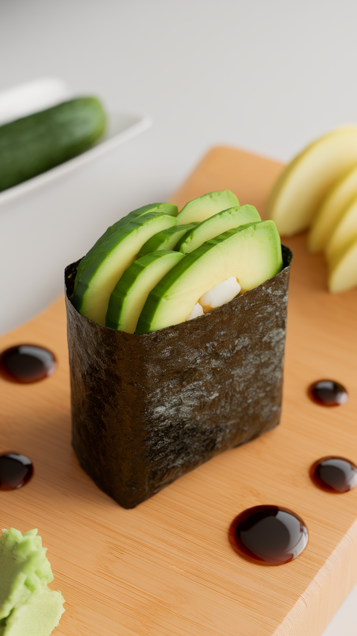 Cucumber and avocado nori rolls with sauces on a wooden board.