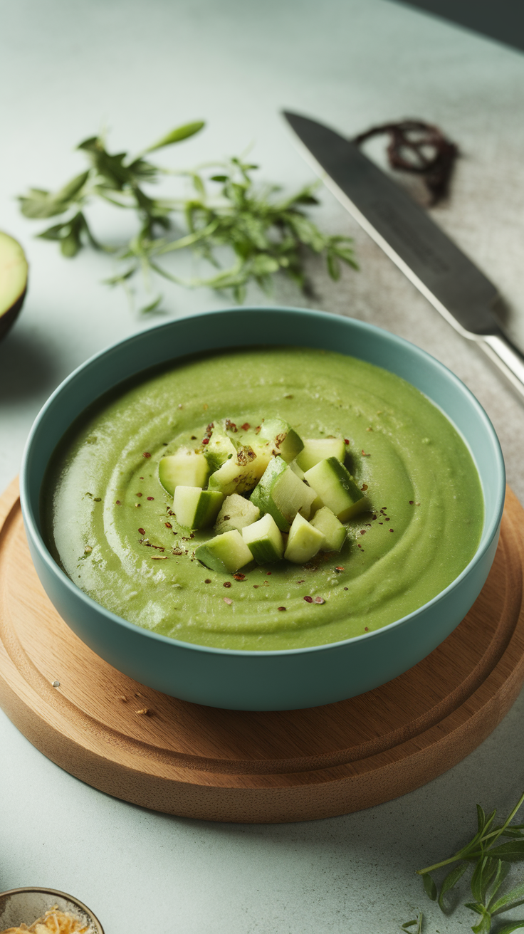 A bowl of creamy cucumber and avocado soup with diced cucumber on top