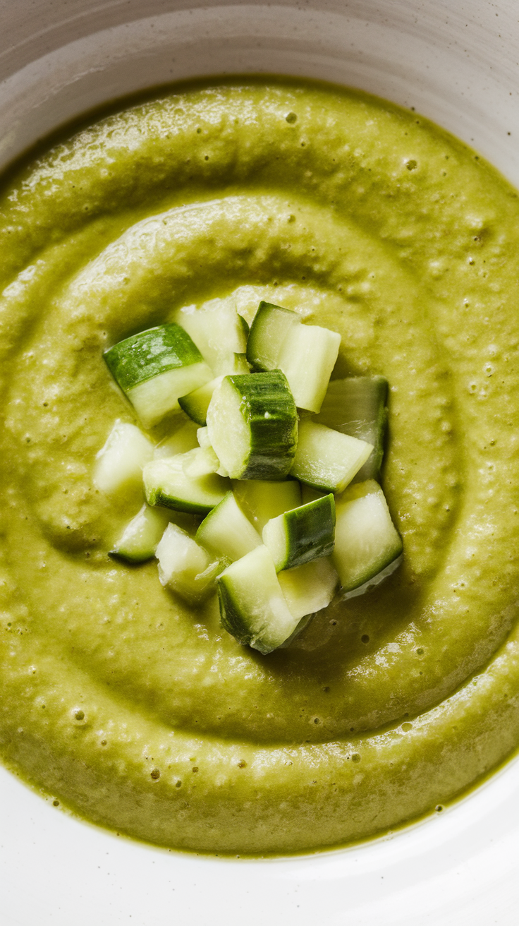 A bowl of creamy cucumber avocado gazpacho topped with diced cucumber.