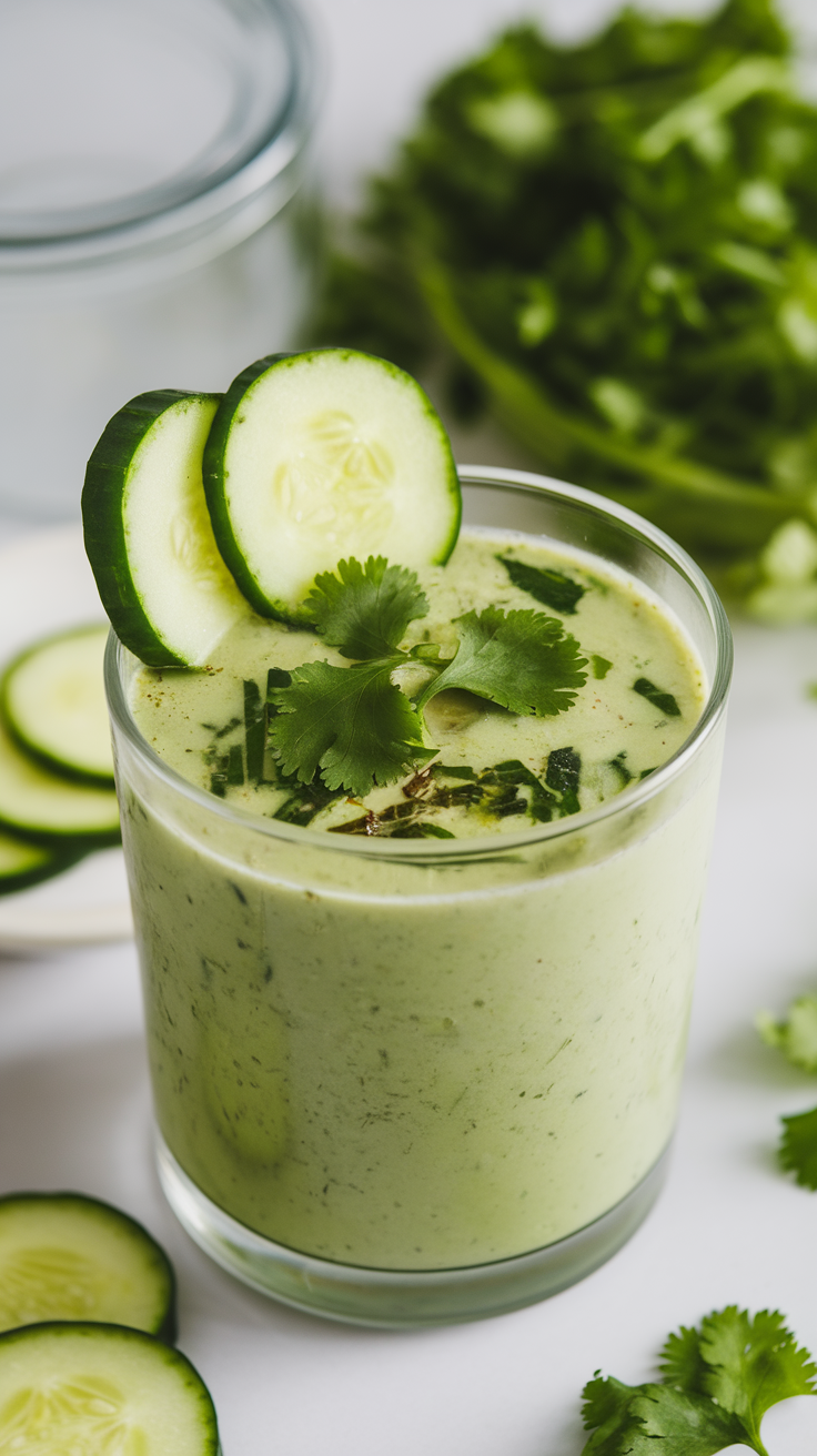 A refreshing cucumber avocado gazpacho garnished with cucumber slices and cilantro