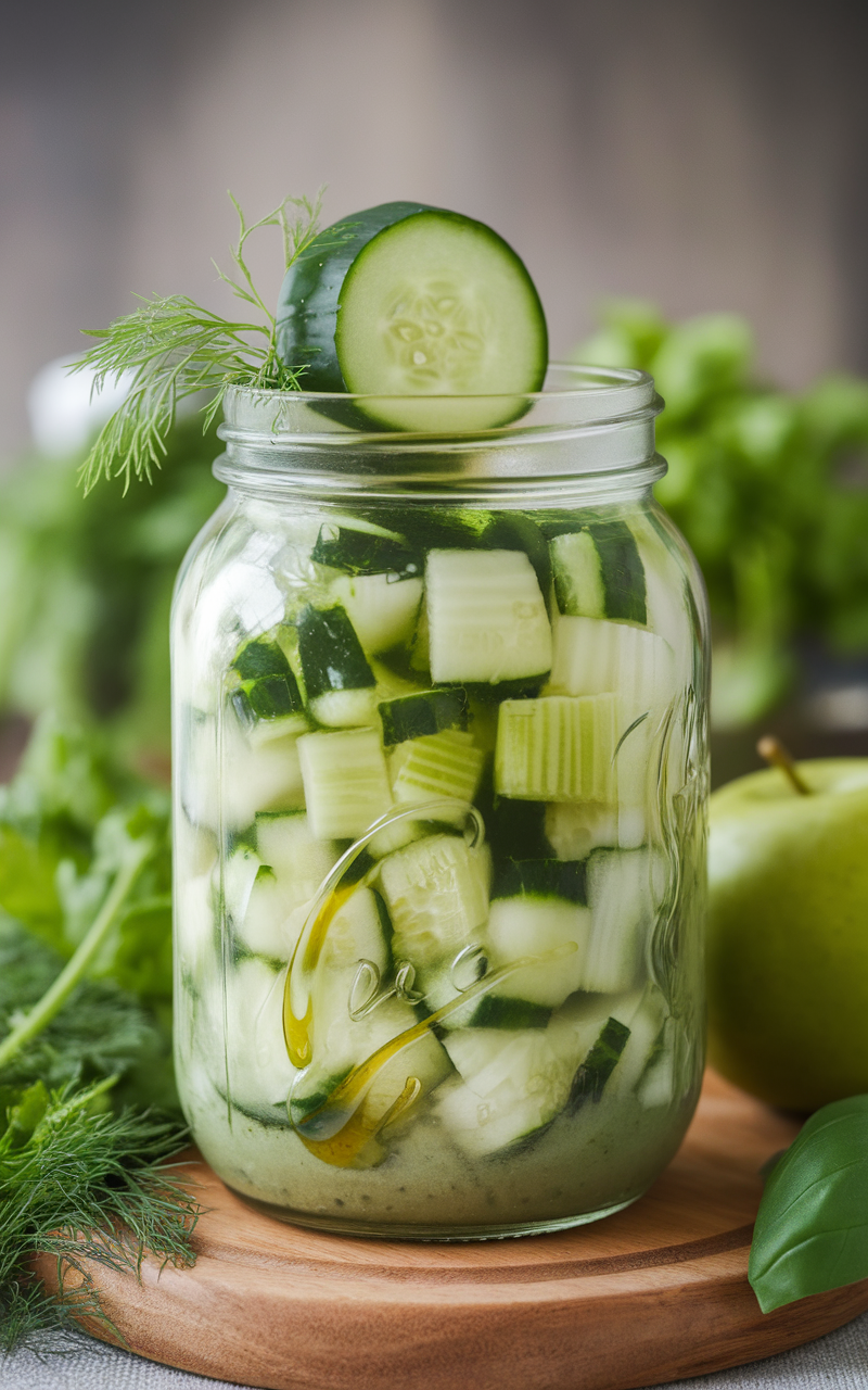 A jar filled with diced cucumbers and avocado, garnished with a cucumber slice and fresh herbs.