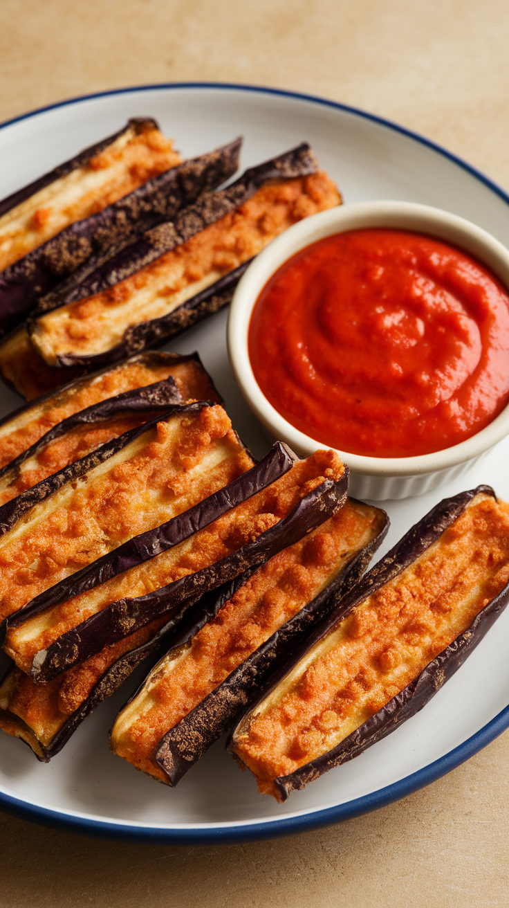 Plate of crispy eggplant fries served with a small bowl of marinara sauce