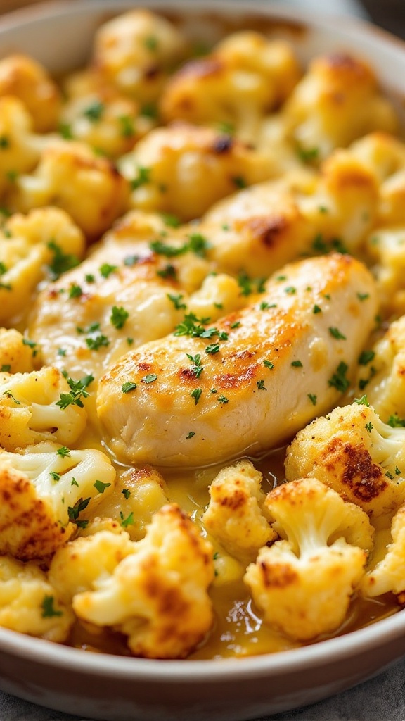 A close-up view of a garlic butter chicken casserole with roasted cauliflower.