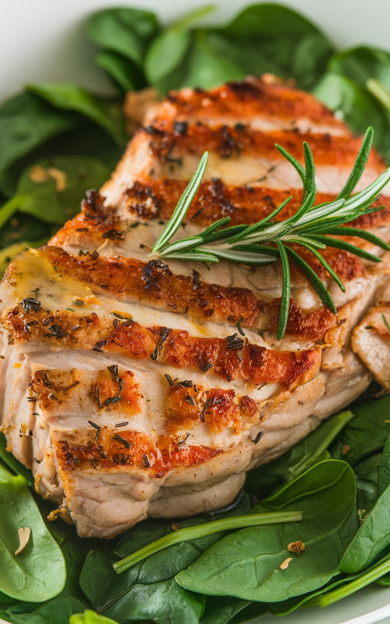 Cooked pork tenderloin with a garlic butter glaze on a bed of spinach