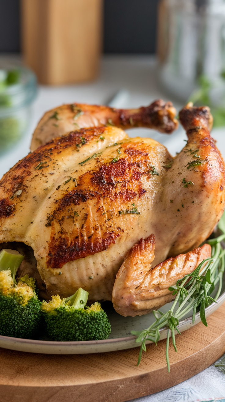 A beautifully roasted chicken with herbs and broccoli on a plate.