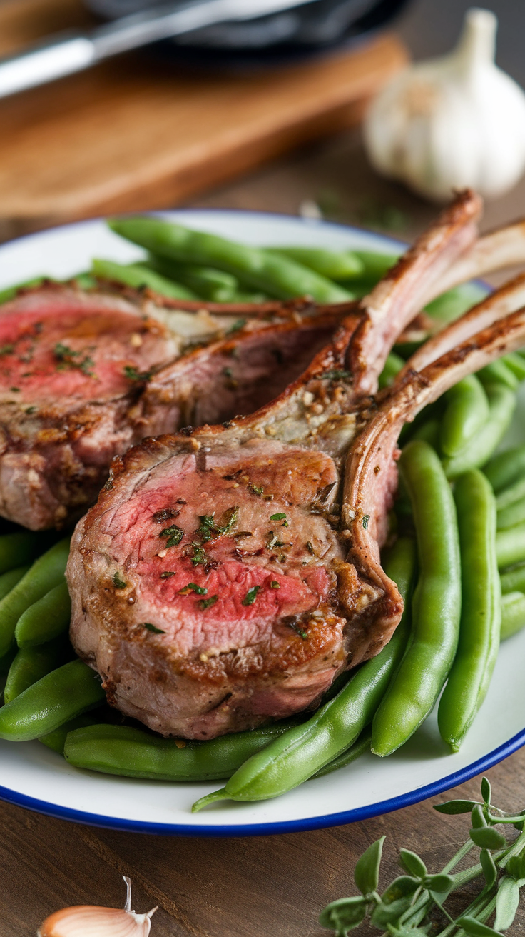 Garlic lamb chops served with green beans on a plate.