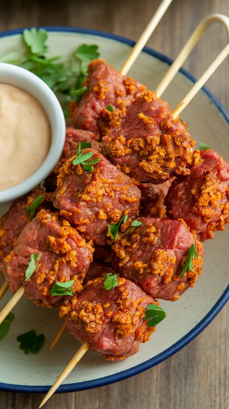 A plate of Garlic Parmesan Beef Bites, skewered and served with a dipping sauce.