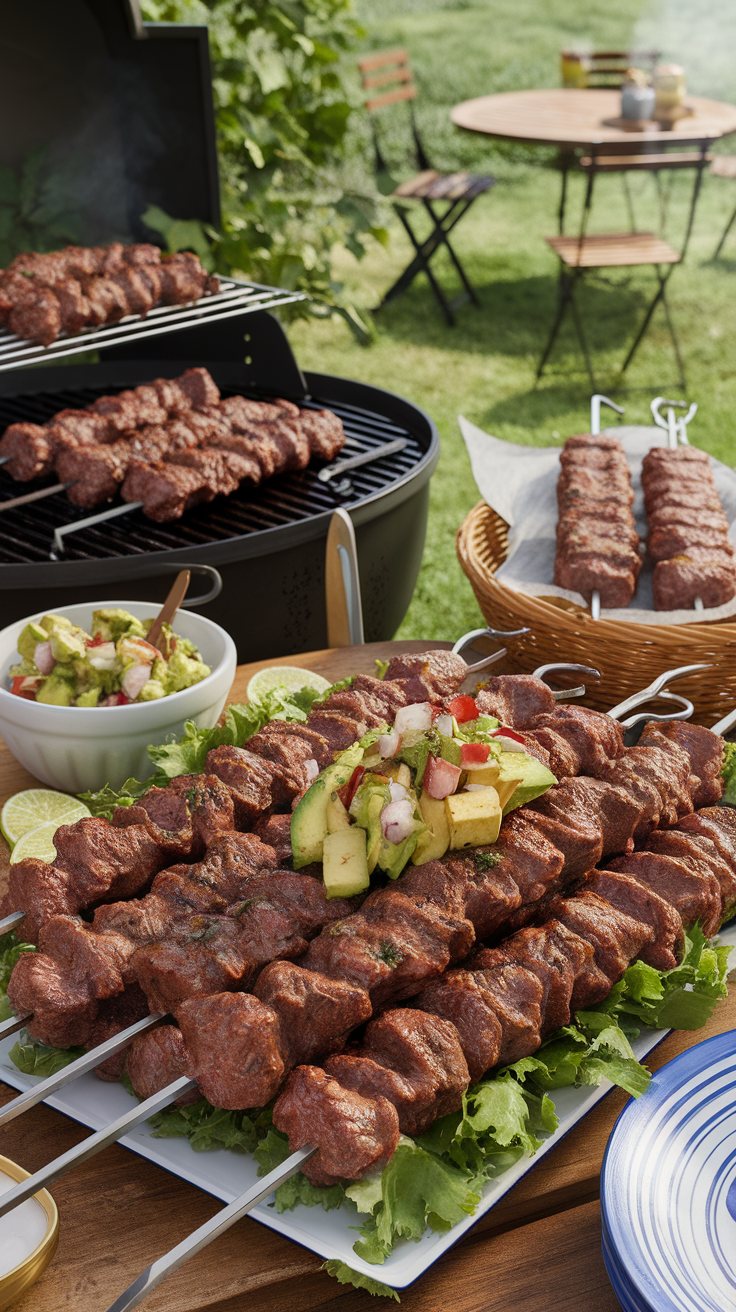 Grilled beef kebabs with avocado salsa on a platter surrounded by fresh greens, ready to serve.